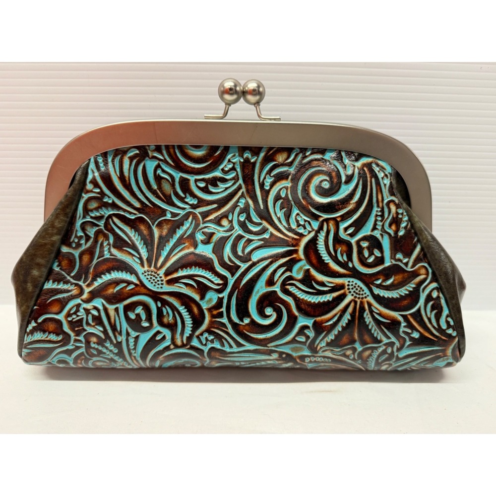 PATRICIA NASH MIA BURNISHED TOOLED FRAME LEATHER SATCHEL TURQUOISE TEAL PURSE